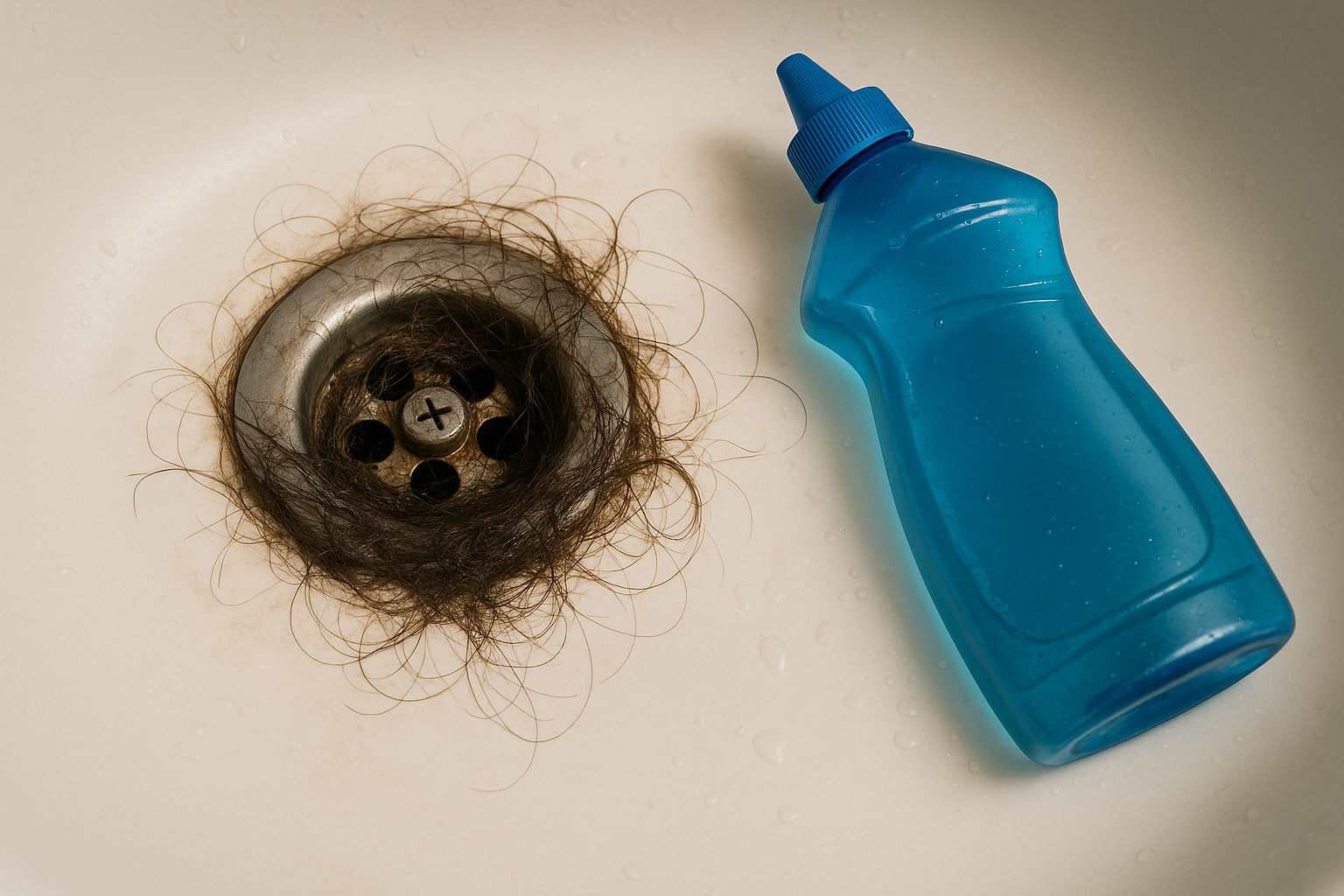 produit chimique posée à côté d'un robinet obstrué avec des cheveux